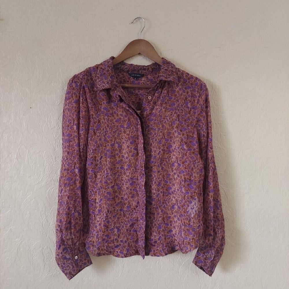 Wardrobe Purple Brown Print Hidden Button Front Long Sleeve Sheer Blouse Medium